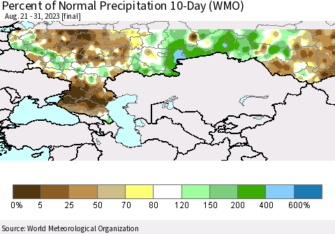 Russian Federation Percent of Normal Precipitation 10-Day (WMO) Thematic Map For 8/21/2023 - 8/31/2023