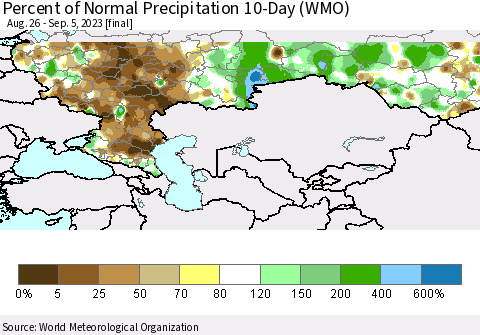 Russian Federation Percent of Normal Precipitation 10-Day (WMO) Thematic Map For 8/26/2023 - 9/5/2023
