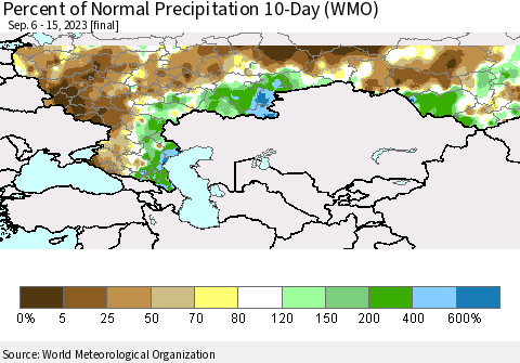 Russian Federation Percent of Normal Precipitation 10-Day (WMO) Thematic Map For 9/6/2023 - 9/15/2023