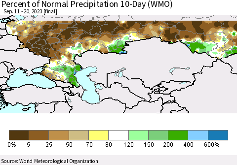 Russian Federation Percent of Normal Precipitation 10-Day (WMO) Thematic Map For 9/11/2023 - 9/20/2023