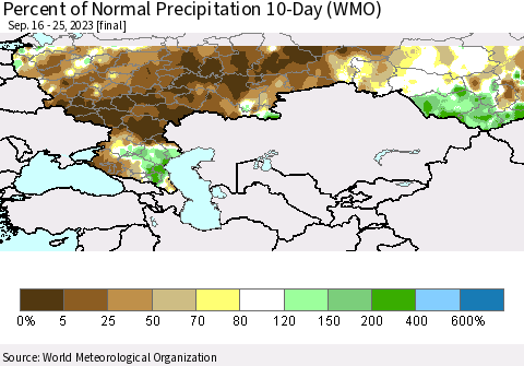 Russian Federation Percent of Normal Precipitation 10-Day (WMO) Thematic Map For 9/16/2023 - 9/25/2023