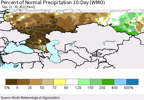 Russian Federation Percent of Normal Precipitation 10-Day (WMO) Thematic Map For 9/21/2023 - 9/30/2023