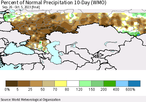Russian Federation Percent of Normal Precipitation 10-Day (WMO) Thematic Map For 9/26/2023 - 10/5/2023