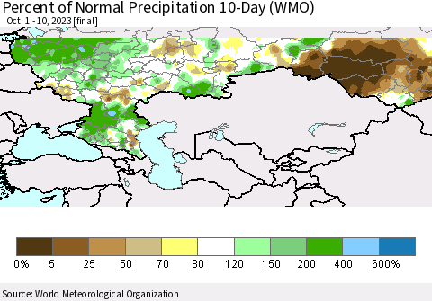 Russian Federation Percent of Normal Precipitation 10-Day (WMO) Thematic Map For 10/1/2023 - 10/10/2023