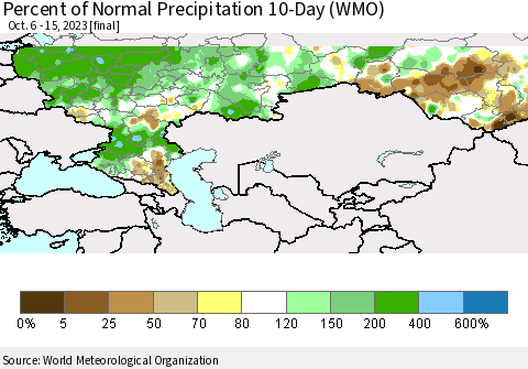 Russian Federation Percent of Normal Precipitation 10-Day (WMO) Thematic Map For 10/6/2023 - 10/15/2023