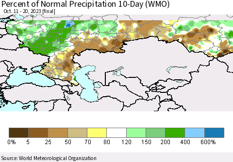 Russian Federation Percent of Normal Precipitation 10-Day (WMO) Thematic Map For 10/11/2023 - 10/20/2023