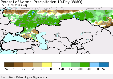Russian Federation Percent of Normal Precipitation 10-Day (WMO) Thematic Map For 10/16/2023 - 10/25/2023