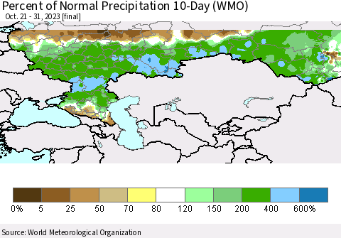 Russian Federation Percent of Normal Precipitation 10-Day (WMO) Thematic Map For 10/21/2023 - 10/31/2023