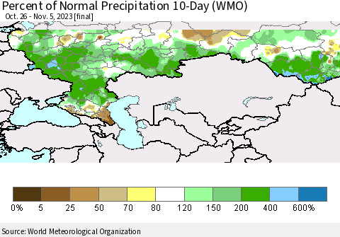 Russian Federation Percent of Normal Precipitation 10-Day (WMO) Thematic Map For 10/26/2023 - 11/5/2023