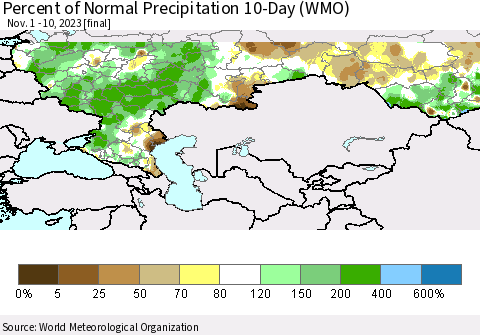 Russian Federation Percent of Normal Precipitation 10-Day (WMO) Thematic Map For 11/1/2023 - 11/10/2023