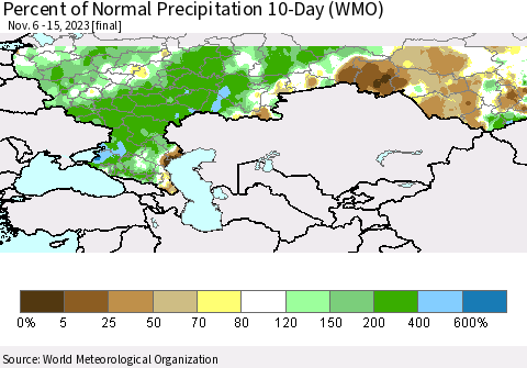 Russian Federation Percent of Normal Precipitation 10-Day (WMO) Thematic Map For 11/6/2023 - 11/15/2023