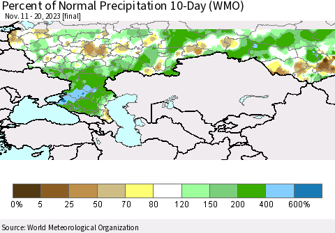 Russian Federation Percent of Normal Precipitation 10-Day (WMO) Thematic Map For 11/11/2023 - 11/20/2023