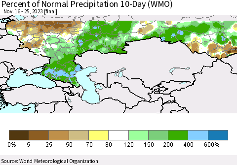 Russian Federation Percent of Normal Precipitation 10-Day (WMO) Thematic Map For 11/16/2023 - 11/25/2023