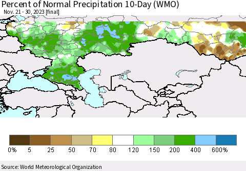Russian Federation Percent of Normal Precipitation 10-Day (WMO) Thematic Map For 11/21/2023 - 11/30/2023
