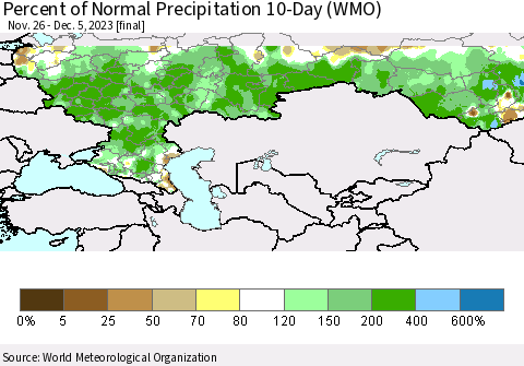 Russian Federation Percent of Normal Precipitation 10-Day (WMO) Thematic Map For 11/26/2023 - 12/5/2023