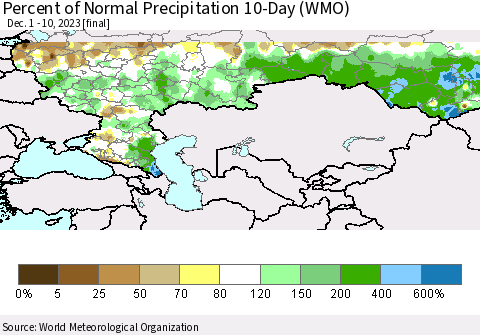 Russian Federation Percent of Normal Precipitation 10-Day (WMO) Thematic Map For 12/1/2023 - 12/10/2023