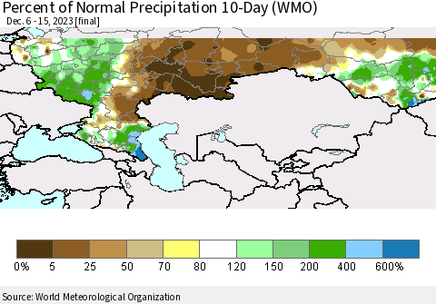 Russian Federation Percent of Normal Precipitation 10-Day (WMO) Thematic Map For 12/6/2023 - 12/15/2023