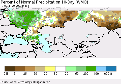 Russian Federation Percent of Normal Precipitation 10-Day (WMO) Thematic Map For 12/11/2023 - 12/20/2023