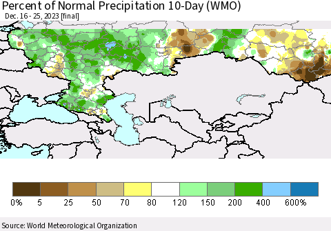 Russian Federation Percent of Normal Precipitation 10-Day (WMO) Thematic Map For 12/16/2023 - 12/25/2023