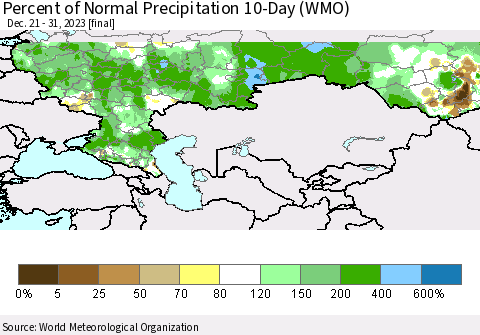 Russian Federation Percent of Normal Precipitation 10-Day (WMO) Thematic Map For 12/21/2023 - 12/31/2023