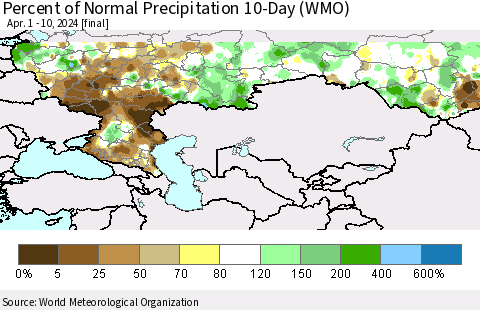 Russian Federation Percent of Normal Precipitation 10-Day (WMO) Thematic Map For 4/1/2024 - 4/10/2024