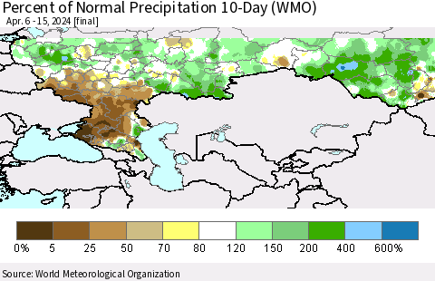 Russian Federation Percent of Normal Precipitation 10-Day (WMO) Thematic Map For 4/6/2024 - 4/15/2024