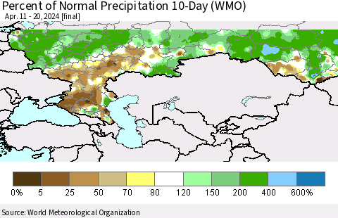 Russian Federation Percent of Normal Precipitation 10-Day (WMO) Thematic Map For 4/11/2024 - 4/20/2024