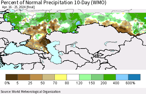 Russian Federation Percent of Normal Precipitation 10-Day (WMO) Thematic Map For 4/16/2024 - 4/25/2024