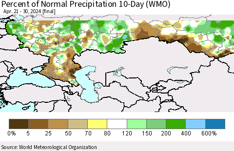 Russian Federation Percent of Normal Precipitation 10-Day (WMO) Thematic Map For 4/21/2024 - 4/30/2024