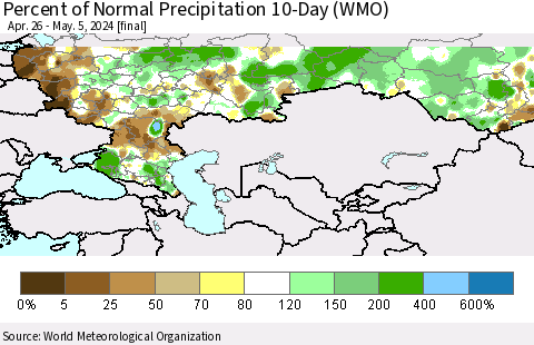 Russian Federation Percent of Normal Precipitation 10-Day (WMO) Thematic Map For 4/26/2024 - 5/5/2024