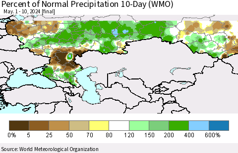 Russian Federation Percent of Normal Precipitation 10-Day (WMO) Thematic Map For 5/1/2024 - 5/10/2024