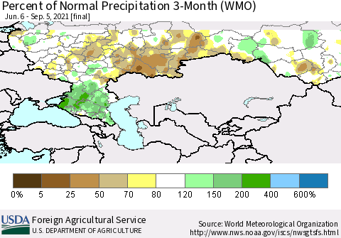 Russian Federation Percent of Normal Precipitation 3-Month (WMO) Thematic Map For 6/6/2021 - 9/5/2021