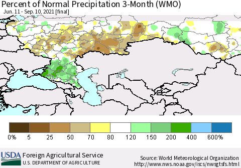 Russian Federation Percent of Normal Precipitation 3-Month (WMO) Thematic Map For 6/11/2021 - 9/10/2021