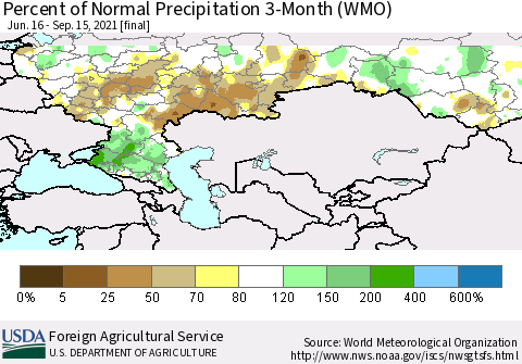 Russian Federation Percent of Normal Precipitation 3-Month (WMO) Thematic Map For 6/16/2021 - 9/15/2021