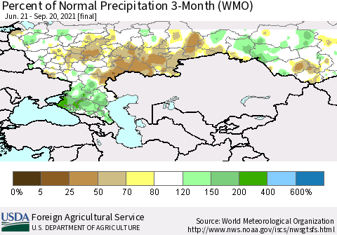 Russian Federation Percent of Normal Precipitation 3-Month (WMO) Thematic Map For 6/21/2021 - 9/20/2021