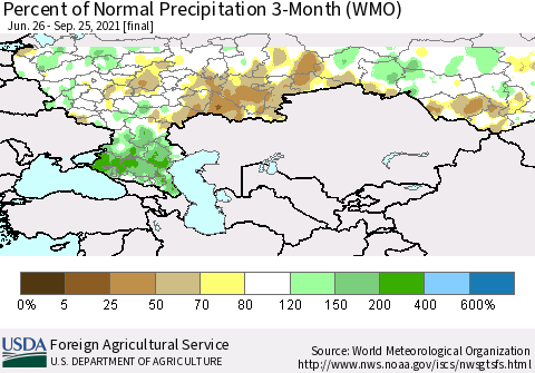 Russian Federation Percent of Normal Precipitation 3-Month (WMO) Thematic Map For 6/26/2021 - 9/25/2021