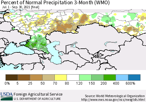 Russian Federation Percent of Normal Precipitation 3-Month (WMO) Thematic Map For 7/1/2021 - 9/30/2021
