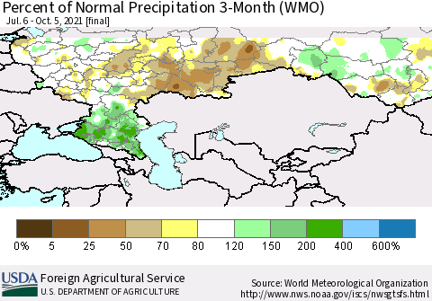 Russian Federation Percent of Normal Precipitation 3-Month (WMO) Thematic Map For 7/6/2021 - 10/5/2021