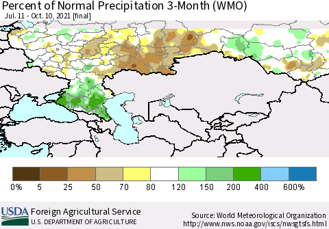 Russian Federation Percent of Normal Precipitation 3-Month (WMO) Thematic Map For 7/11/2021 - 10/10/2021