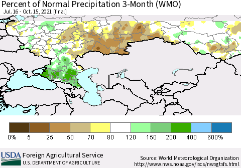 Russian Federation Percent of Normal Precipitation 3-Month (WMO) Thematic Map For 7/16/2021 - 10/15/2021
