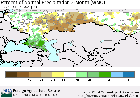 Russian Federation Percent of Normal Precipitation 3-Month (WMO) Thematic Map For 7/21/2021 - 10/20/2021