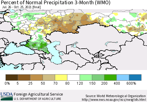 Russian Federation Percent of Normal Precipitation 3-Month (WMO) Thematic Map For 7/26/2021 - 10/25/2021