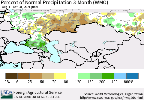 Russian Federation Percent of Normal Precipitation 3-Month (WMO) Thematic Map For 8/1/2021 - 10/31/2021