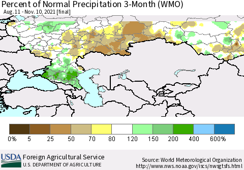Russian Federation Percent of Normal Precipitation 3-Month (WMO) Thematic Map For 8/11/2021 - 11/10/2021