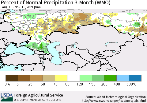 Russian Federation Percent of Normal Precipitation 3-Month (WMO) Thematic Map For 8/16/2021 - 11/15/2021