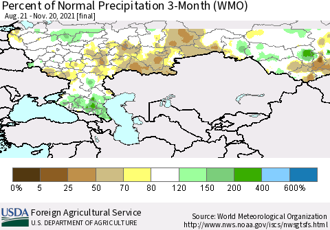 Russian Federation Percent of Normal Precipitation 3-Month (WMO) Thematic Map For 8/21/2021 - 11/20/2021