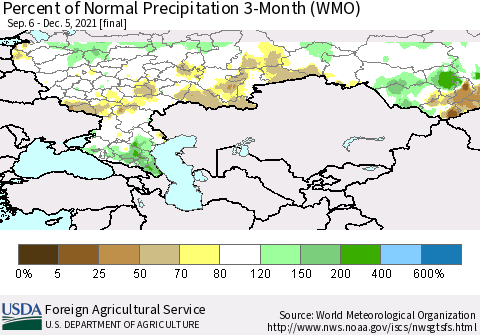 Russian Federation Percent of Normal Precipitation 3-Month (WMO) Thematic Map For 9/6/2021 - 12/5/2021