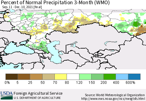 Russian Federation Percent of Normal Precipitation 3-Month (WMO) Thematic Map For 9/11/2021 - 12/10/2021