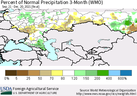 Russian Federation Percent of Normal Precipitation 3-Month (WMO) Thematic Map For 9/21/2021 - 12/20/2021