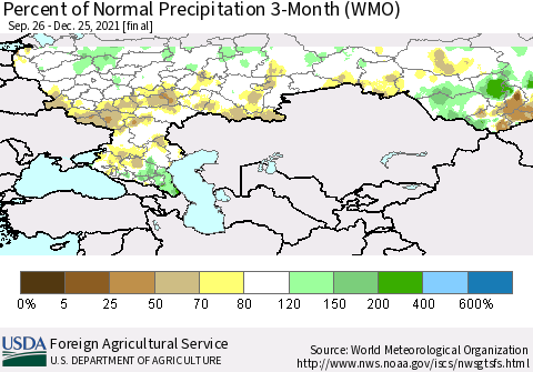 Russian Federation Percent of Normal Precipitation 3-Month (WMO) Thematic Map For 9/26/2021 - 12/25/2021